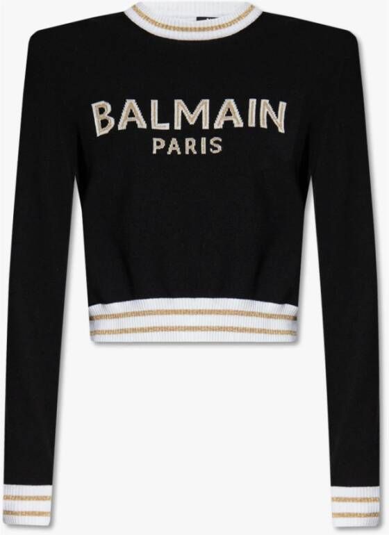 Balmain Cropped wool jumper with logo Beige Black Dames