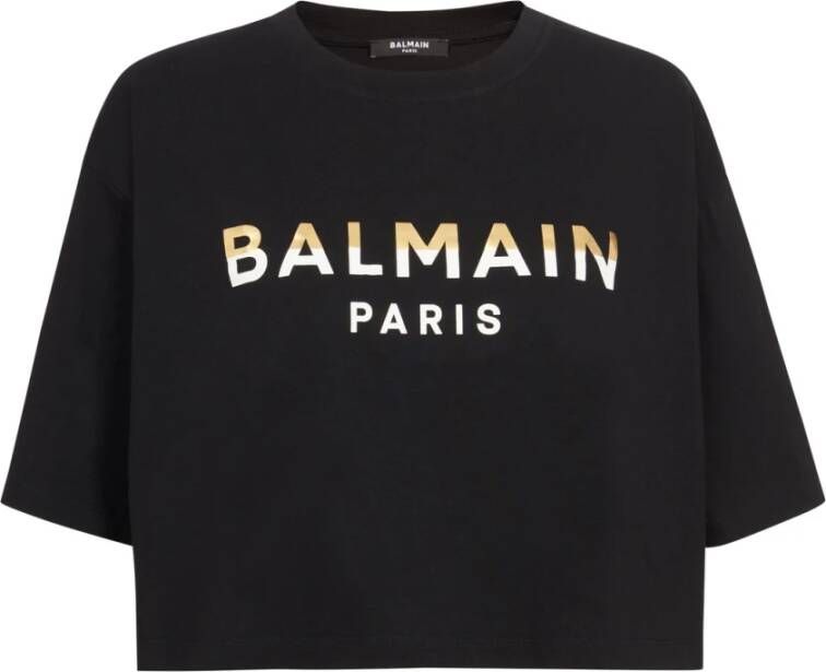 Balmain Twee-Tone Cropped Paris T-shirt Zwart Dames