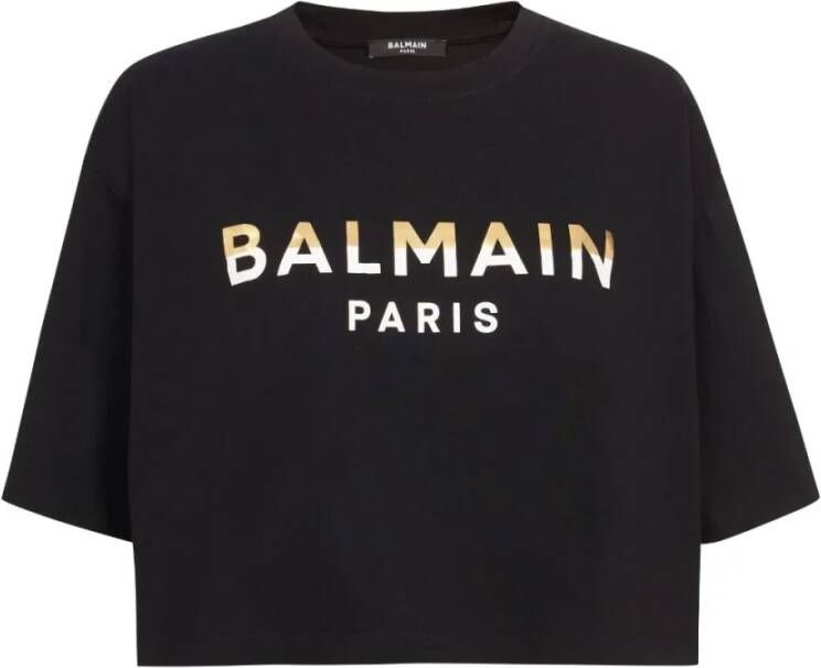 Balmain Twee-Tone Paris Print T-shirts en Polos Black Dames