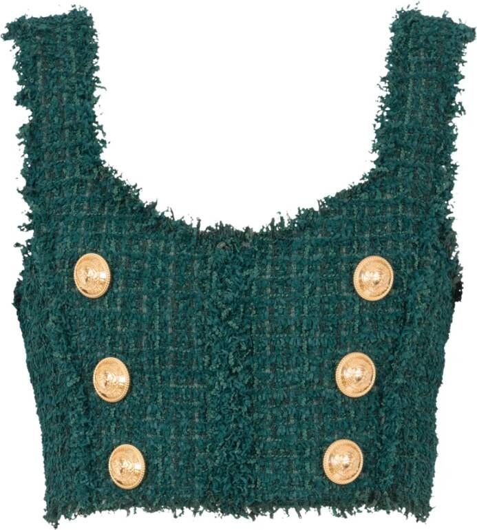 Balmain Mouwloze Tweed Crop Top met Gouden Details Green Dames