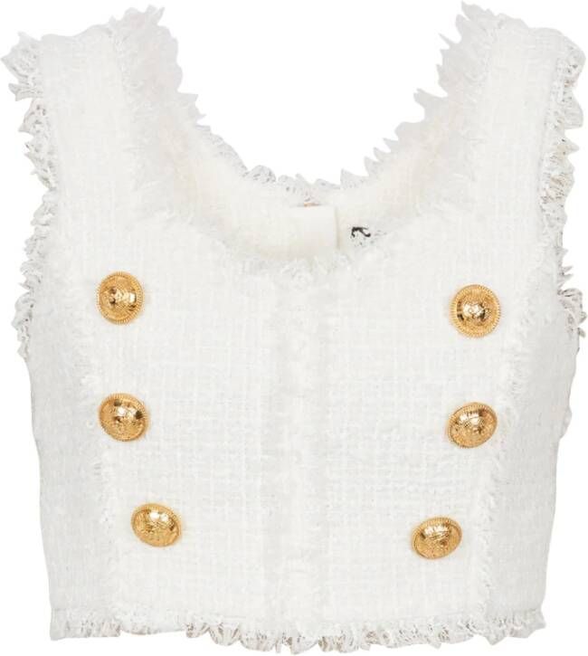 Balmain Mouwloze Tweed Crop Top met Gouden Details White Dames