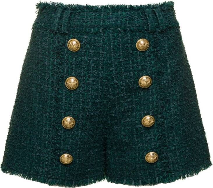 Balmain Groene Tweed Shorts met Hoge Taille Green Dames
