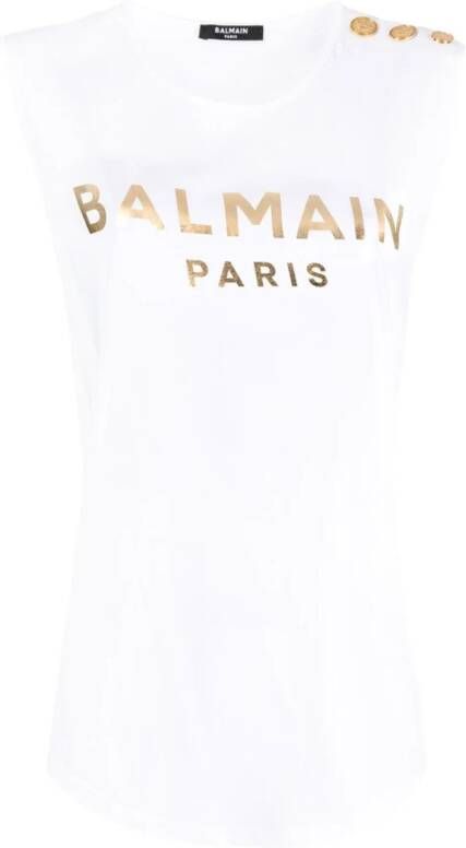 Balmain White Cotton T-shirt With Gold Logo Print Wit Dames