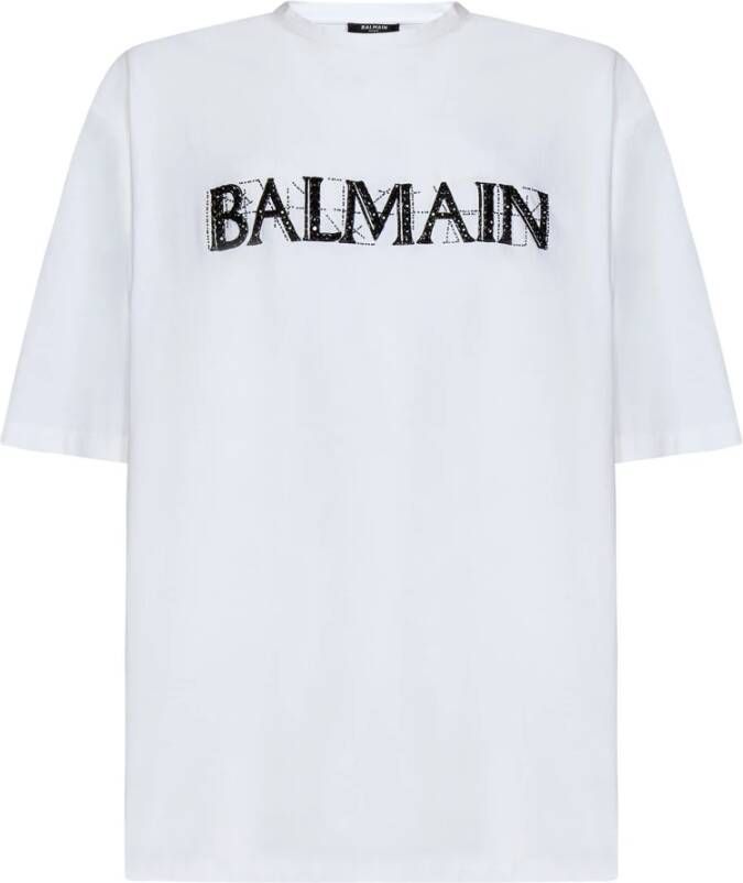 Balmain Wit Crystal Logo Oversize T-Shirt Wit Heren