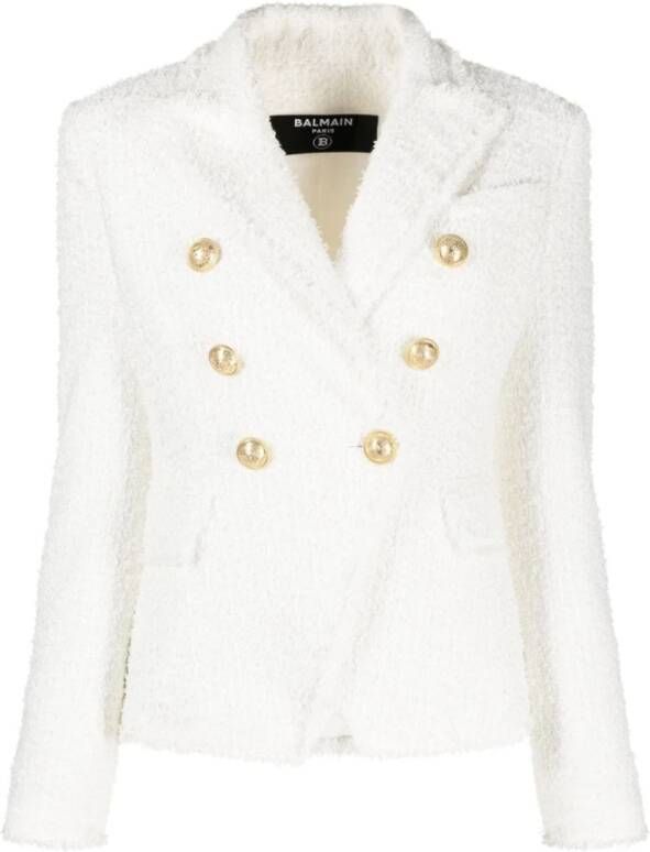 Balmain Witte Double-Breasted Tweed Jas White Dames