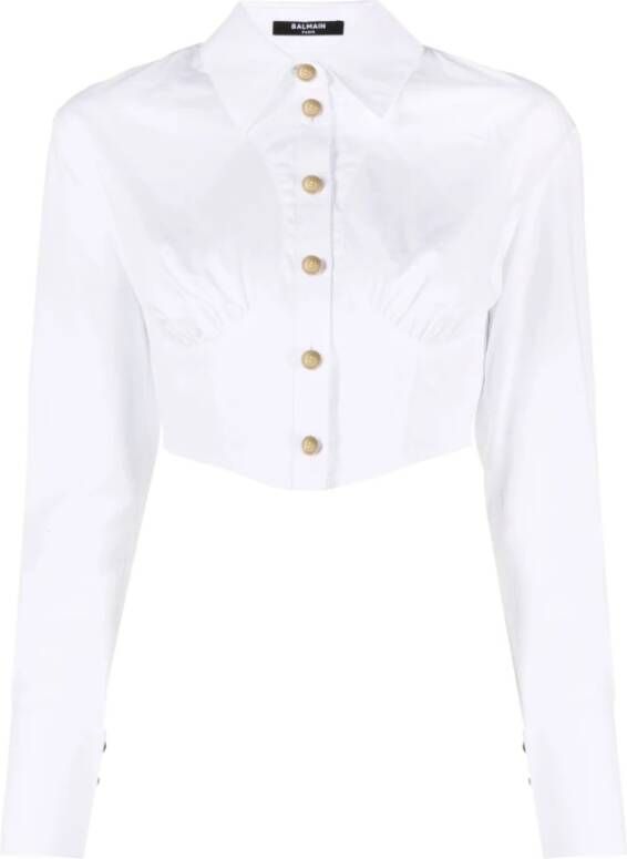 Balmain Witte Geknipte Gerimpelde Katoenen Overhemd Wit Dames
