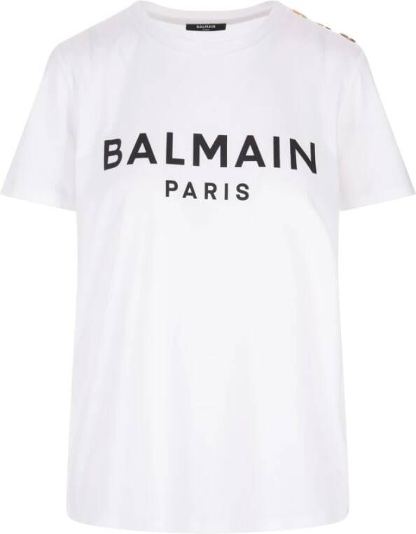 Balmain Witte katoenen jersey T-shirt met reliëf gouden knopen voor dames Wit Dames