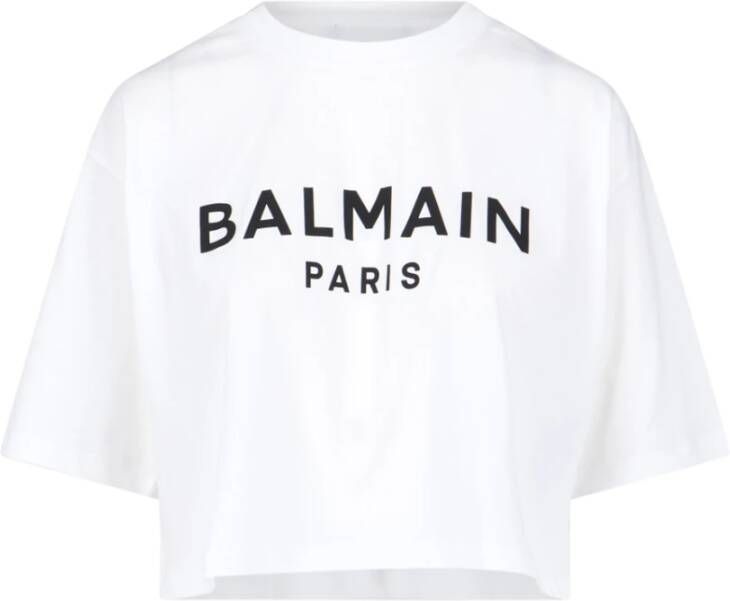 Balmain Witte Logo Print T-shirt Crop Wit Dames