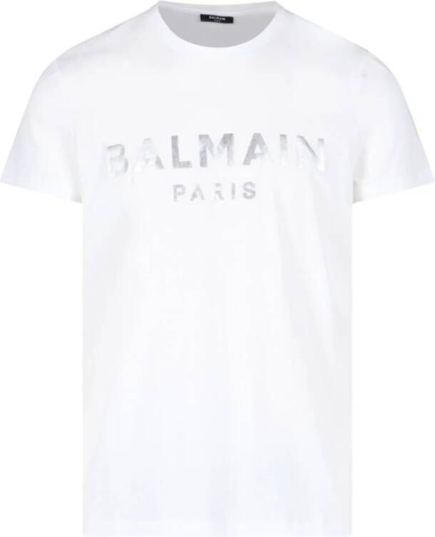 Balmain Eco-ontworpen katoenen T-shirt met Paris logo print. White Heren