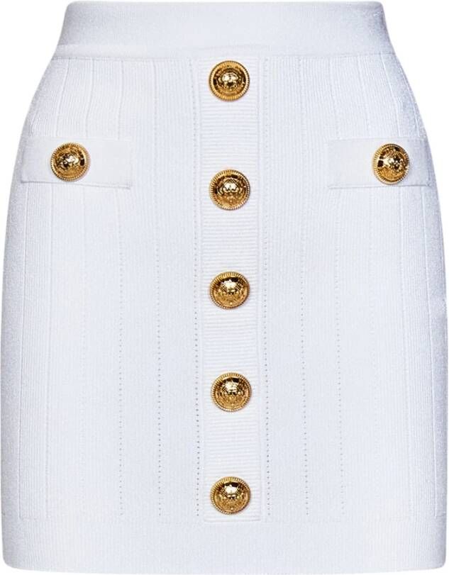 Balmain Witte rok met geribbelde tailleband en gouden rits Wit Dames