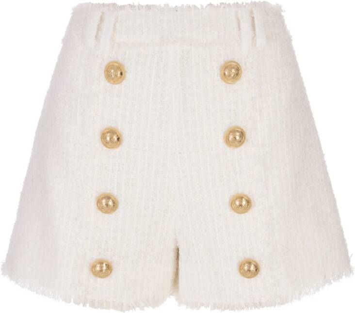 Balmain Witte Tweed Shorts met Hoge Taille en Gouden Metalen Leeuwenkop Knopen Wit Dames