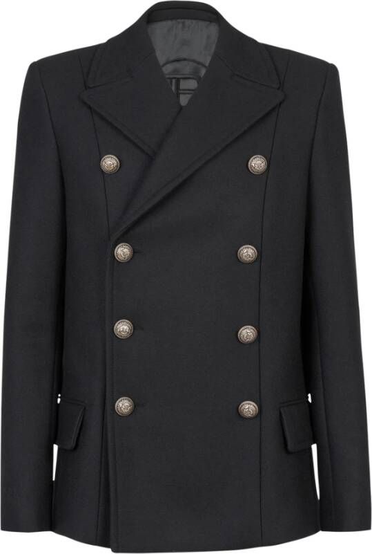 Balmain Wool pea coat with double-breasted silver-tone buttoned fastening Zwart Heren