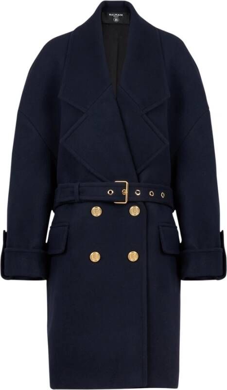 Balmain Wool and cashmere pea coat with double-breasted gold-tone buttoned fastening Blauw Dames