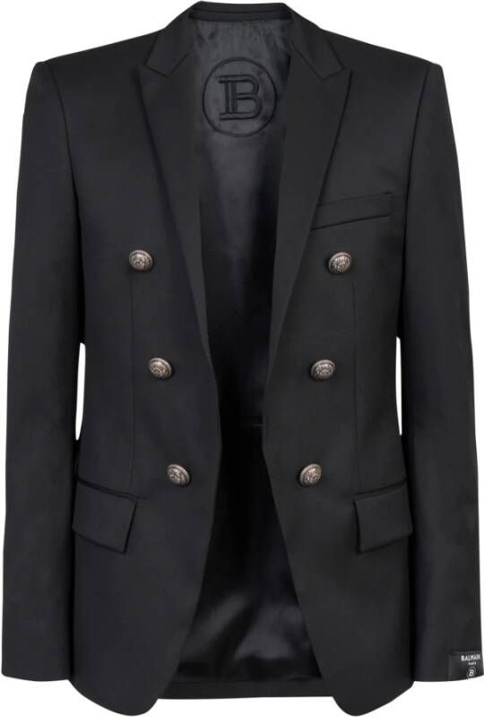 Balmain Wool blazer with double-breasted silver-tone buttoned fastening Zwart Heren