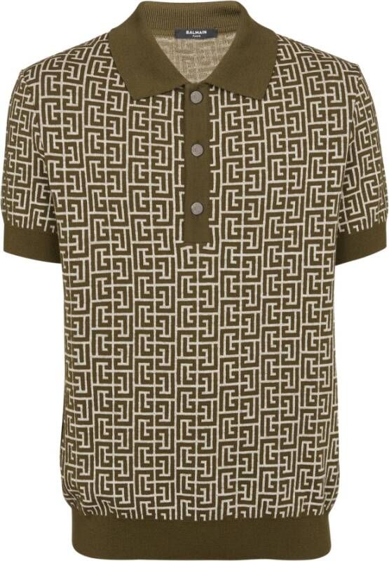Balmain Wool polo shirt with monogram Groen Heren
