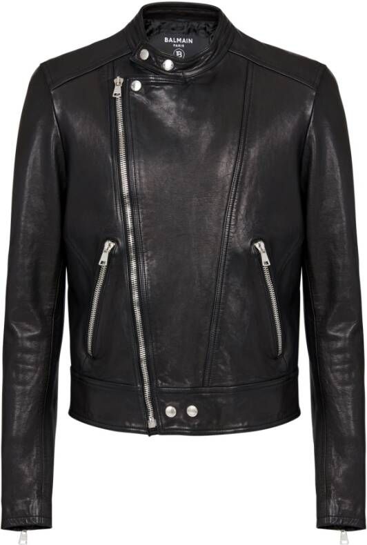 Balmain Zipped leather biker jacket Black Heren
