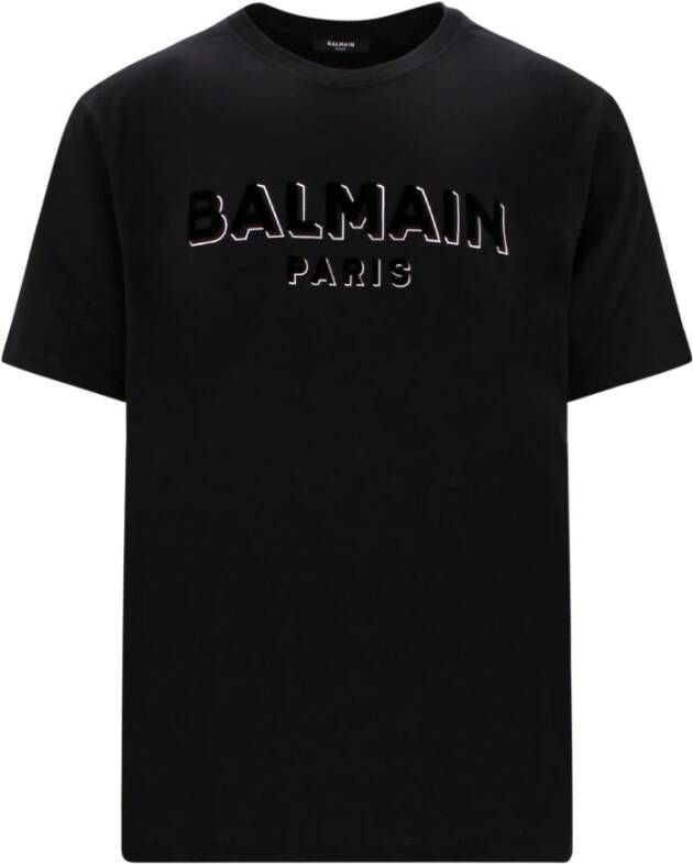 Balmain Zwart Biologisch Katoenen T-Shirt met Flock Logo Zwart Heren