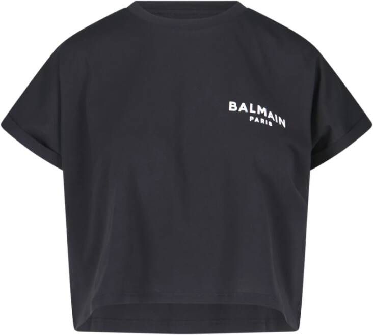 Balmain Zwarte Biologisch Katoenen Logo Crop T-shirt Zwart Dames