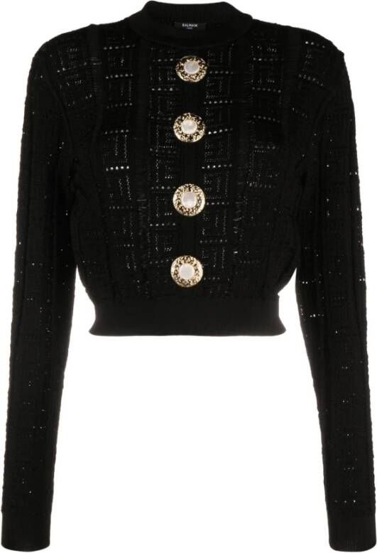 Balmain Zwarte Button-Verfraaide Crop Trui Black Dames