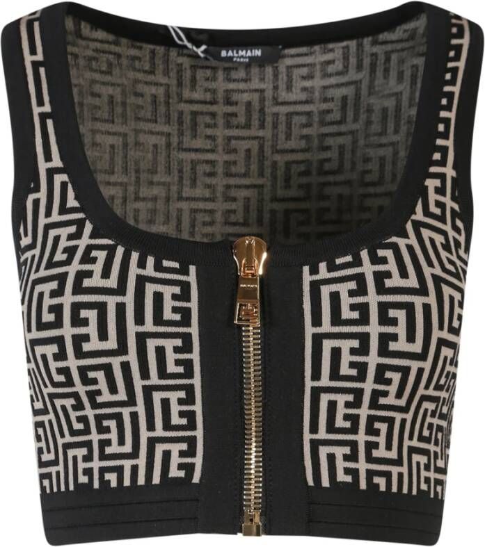 Balmain Zwarte Gebreide Monogram Top Dames Ss23 Zwart Dames