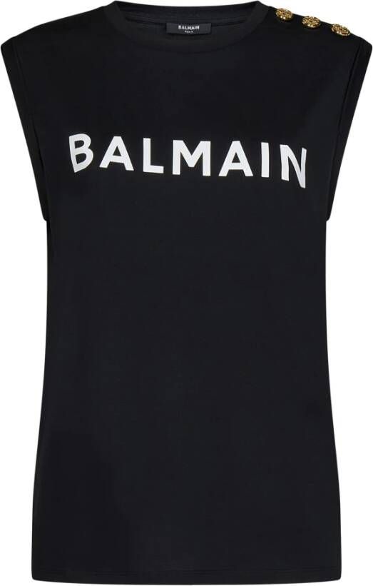Balmain Zwarte Geribbelde Crewneck Mouwloze T-shirt met Gouden Knopen Black Dames