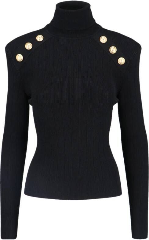 Balmain Zwarte geribbelde trui met gouden knoopdetails Black Dames