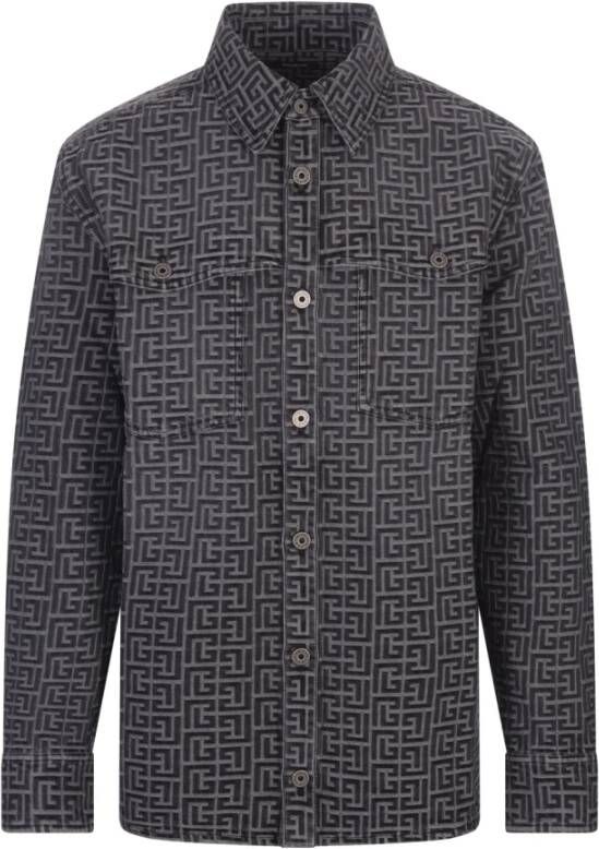 Balmain Zwarte Jacquard Ruwe Denim Shirt Zwart Heren