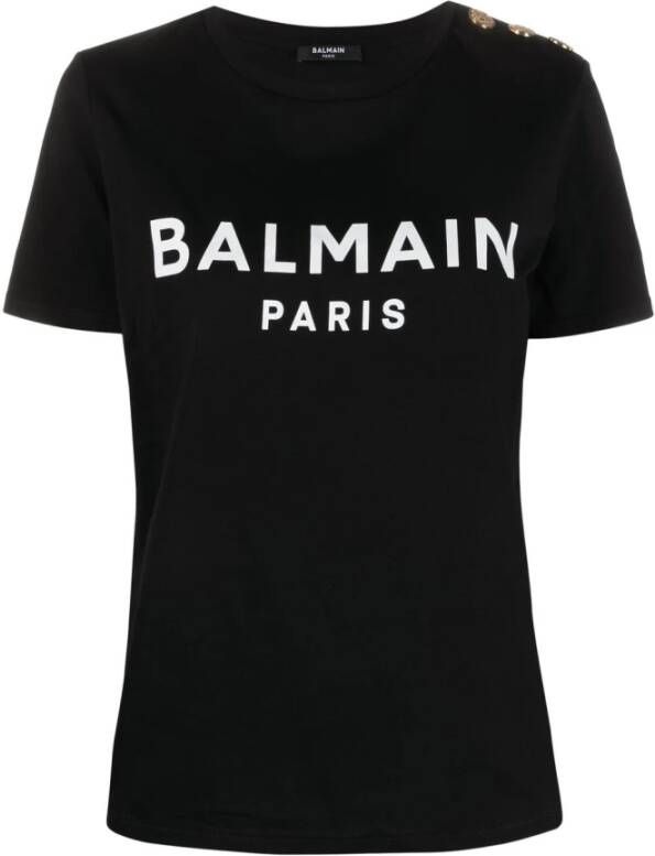 Balmain Zwarte Jersey Katoenen T-shirt met Flock Logo Zwart Dames