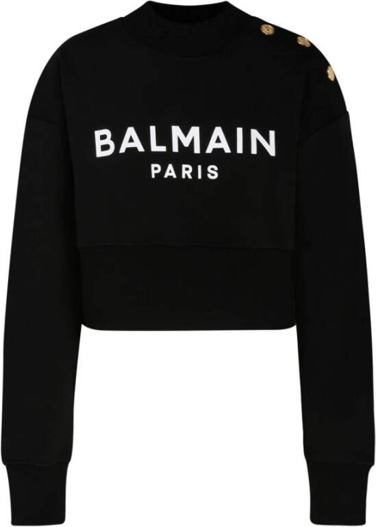 Balmain Zwarte Katoenen Logo Print Crop Sweater Zwart Dames