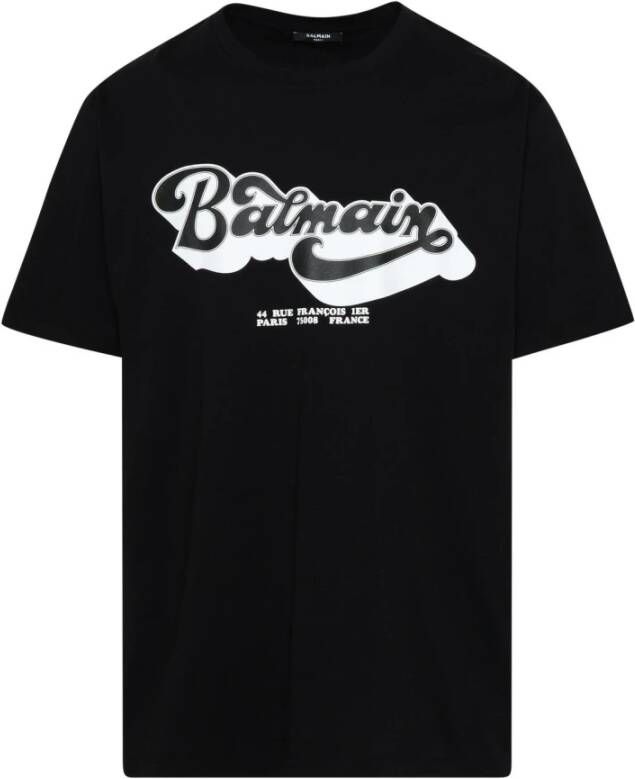 Balmain Zwarte katoenen T-shirt met geribbelde ronde hals en logo opdruk Zwart Heren