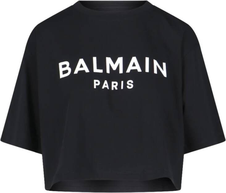 Balmain Zwart Biologisch Katoenen T-Shirt Crop Fit Black Dames