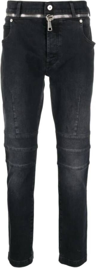 Balmain Zwarte Leren Slim-Fit Jeans met Enkelveters Zwart Heren