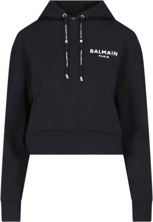 Balmain Cropped Sweatshirt met capuchon en logo print Black Dames