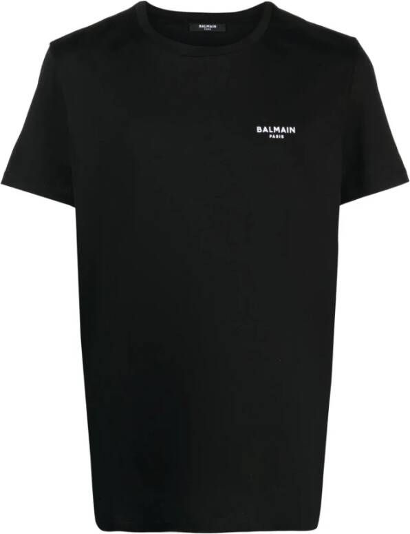 Balmain Ecologisch ontworpen katoenen T-shirt met klein geflockt Paris logo. Black Heren