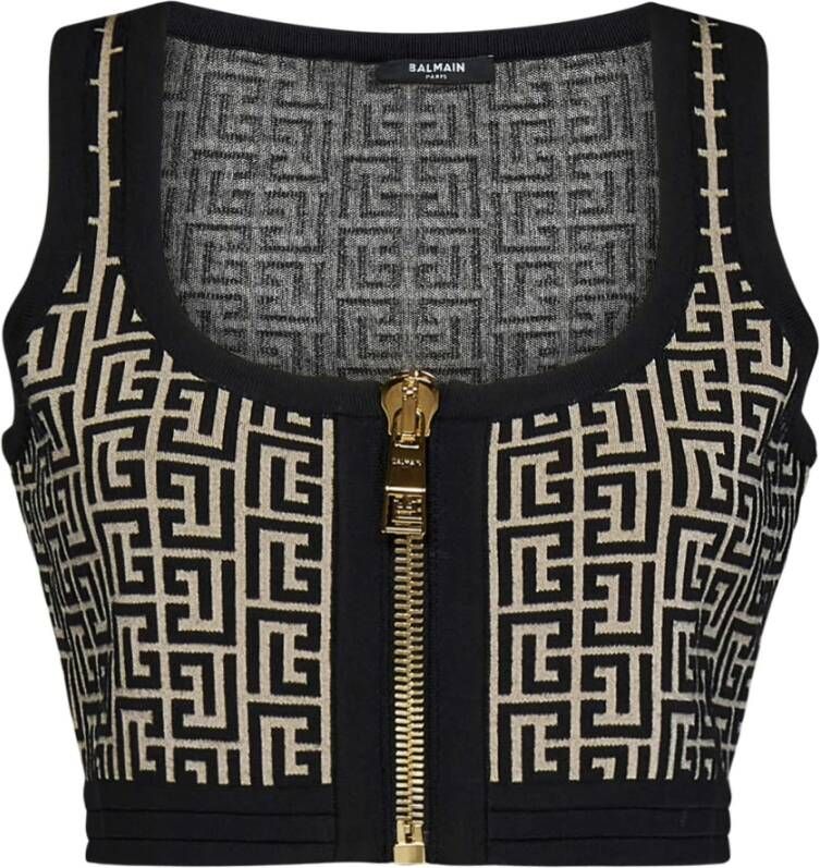 Balmain Zwarte Monogram Mouwloze Top met Gouden Rits Zwart Dames