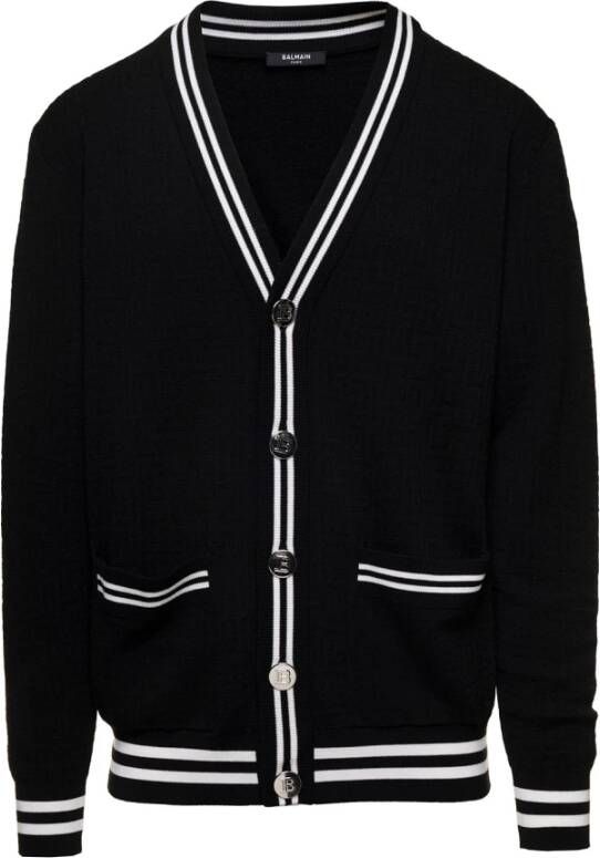 Balmain Zwarte Monogram Wol Cardigan Sweaters Zwart Heren