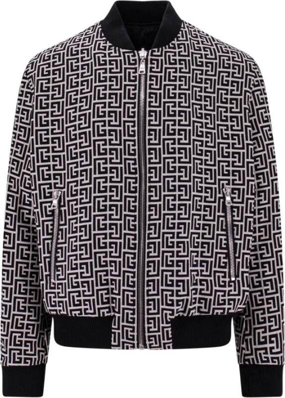 Balmain Zwarte Omkeerbare Viscose Jas met Monogram Patroon Zwart Heren