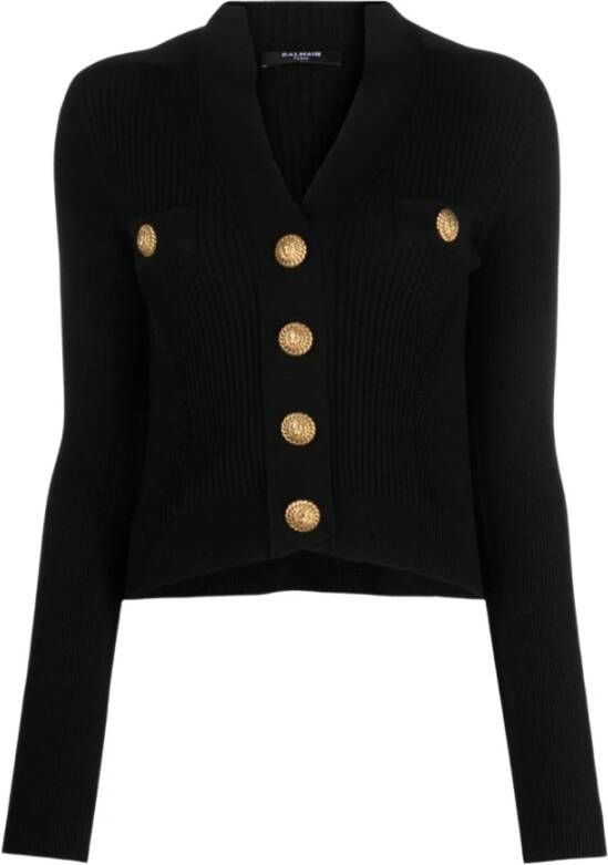 Balmain Zwarte Ribgebreide Cardigan met Gouden Knopen Zwart Dames