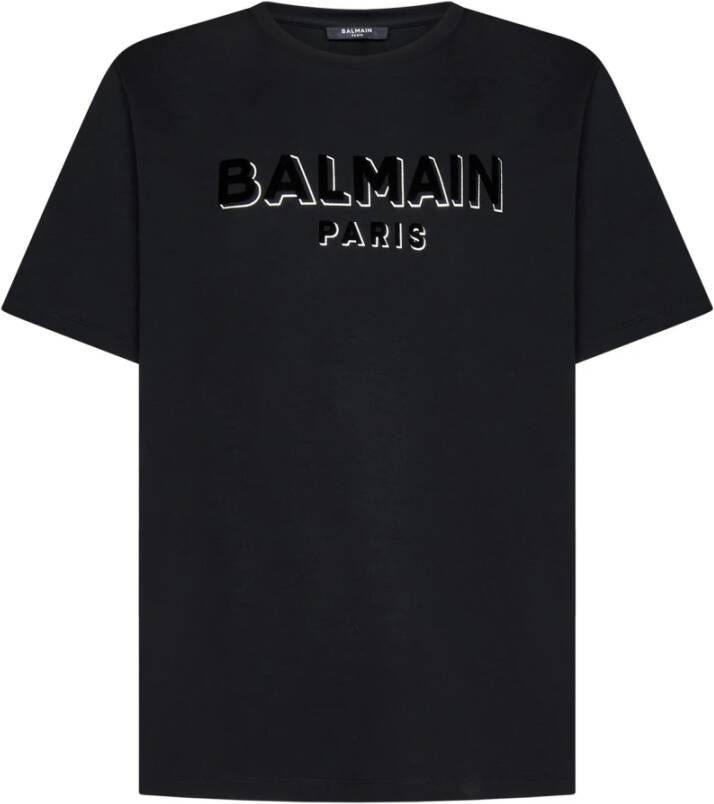 Balmain Crewneck Oversized T-shirt with Velvet Logo Black Zwart Heren