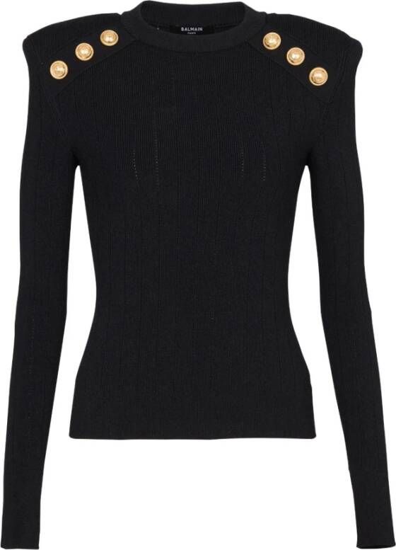 Balmain Zwarte Geribbelde Trui met Gouden Metalen Knopen Black Dames