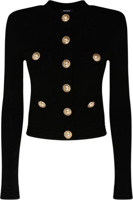 Balmain Zwarte Viscose Cardigan met Ribdetail en Trompe l'oeil Zakken Black Dames