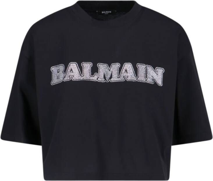 Balmain Rhinestone Logo Cropped Tee Black Dames