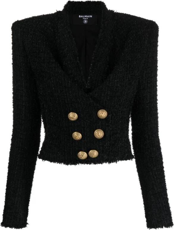 Balmain Zwarte Tweed Crop Jas Zwart Dames