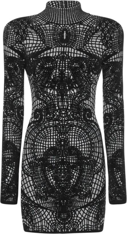 Balmain Zwarte Velvet Jacquard Jurk Zwart Dames
