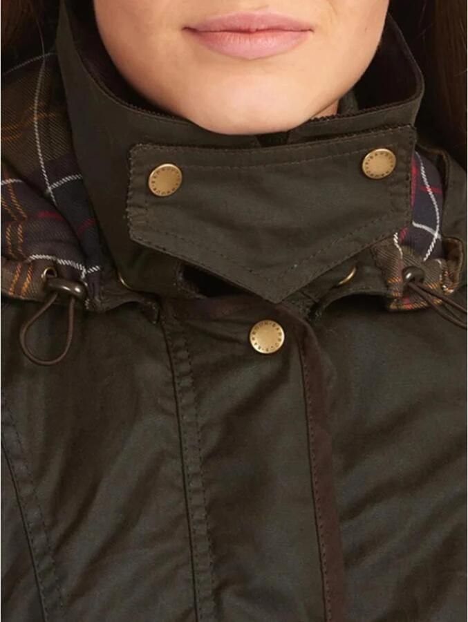 Barbour Olijfgroene Gewaxte Katoenen Parka met Tartan Voering Groen Dames