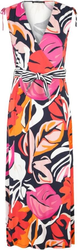 Betty Barclay jurk met bladprint en ceintuur donkerblauw rood roze