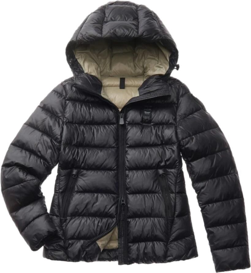 Blauer Zwarte Winterjas met Capuchon en Zakken Black Dames