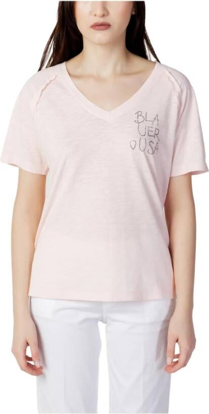 Blauer Roze Print Ronde Hals T-shirt Pink Dames