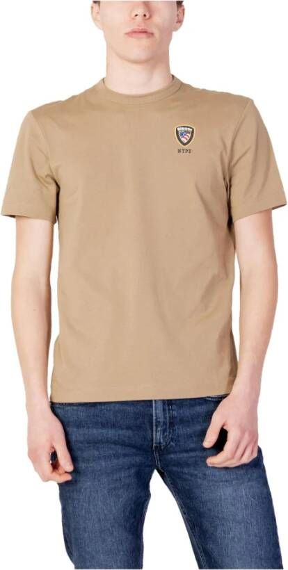 Blauer Beige Katoenen Korte Mouw T-Shirt Beige Heren