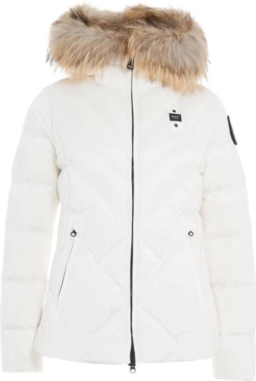 Blauer Geometrisch Gewatteerde Nylon Jas met Afneembare Bontkraag White Dames